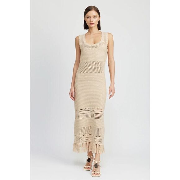 EN SAISON Ruby Crochet Novelty Fringe Midi Dress COLOR: Natural Size S NWT$118 - Picture 2 of 8